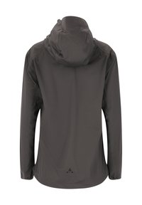Huva jacka i mörkgrått, tillverkad av lättviktig, slät material. Har en minimalistisk design utan synliga knäppningar eller dekorationselement.