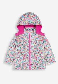 Floral-patterned rain jacket featuring a pink hood and zipper, made of lightweight fabric, with vibrant multicolored flower designs.