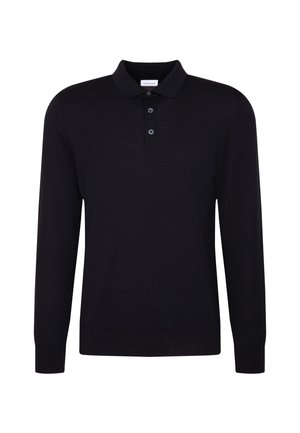 Black long-sleeve polo shirt with a collared neckline, three buttons, and a ribbed hem. Made of soft, textured fabric. Simple design.