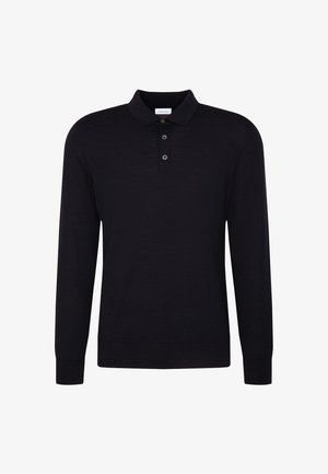 Black long-sleeve polo shirt with a collared neckline, three buttons, and a ribbed hem. Made of soft, textured fabric. Simple design.