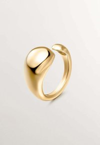 Anillo de oro con un diseño suave y redondeado en forma alargada. La banda se estrecha hacia la parte posterior, mostrando una superficie pulida.