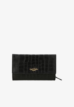 Sort pung i krokodillelæder med guld-"Guest Leder Studio"-logo og lynlås på højre side.