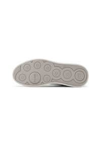 Suola della scarpa in grigio chiaro con motivi di battistrada circolari e ovali. Logo 'ALDO' al centro. Texture liscia con sottili linee orizzontali.