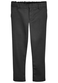 Pantalons noirs en tissu tissé, avec une taille élastique, un devant plat, des lignes épurées et des poches latérales. Conception à jambes droites.