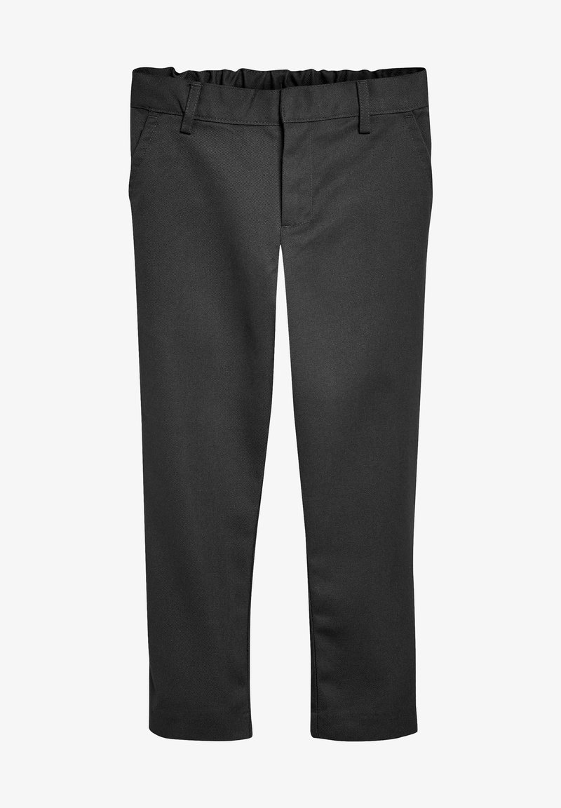 Schwarze Hose aus gewebtem Stoff mit flachem Bund, elastischem Taillenbund, klaren Linien und seitlichen Taschen. Gerades Bein Design.