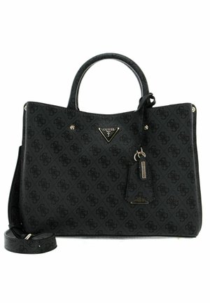 Borsa a tracolla nera in sintetico con superficie testurizzata, dettagli in logo, due manici e tracolla removibile. Presenta una forma strutturata e hardware lucido.