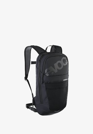 Black backpack features a sleek design, multiple zippered compartments, padded shoulder straps, and a textured fabric with a logo accent.