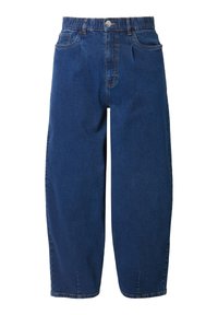 Siniset farkut, joissa on korkea vyötärö ja rento istuvuus. Niissä on sivutaskut, etupuolen nappikiinnitys ja suorat lahkeet.