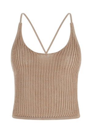 Crop top beige en maille avec fines bretelles croisées aux épaules et encolure arrondie, présentant un motif texturé côtelé.