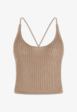 Crop top beige en maille avec fines bretelles croisées aux épaules et encolure arrondie, présentant un motif texturé côtelé.