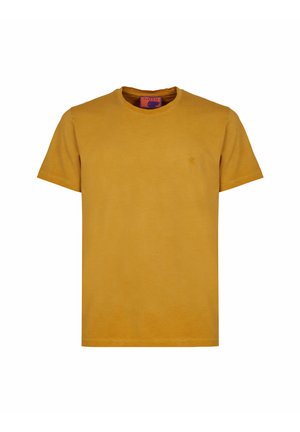 T-shirt in cotone giallo con collo rotondo e maniche corte. Presenta un piccolo logo ricamato sul lato sinistro del petto. Texture liscia, design casual.
