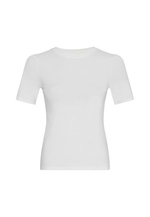 Effen witte, aansluitende T-shirt met korte mouwen en ronde hals, afgebeeld op een witte achtergrond.