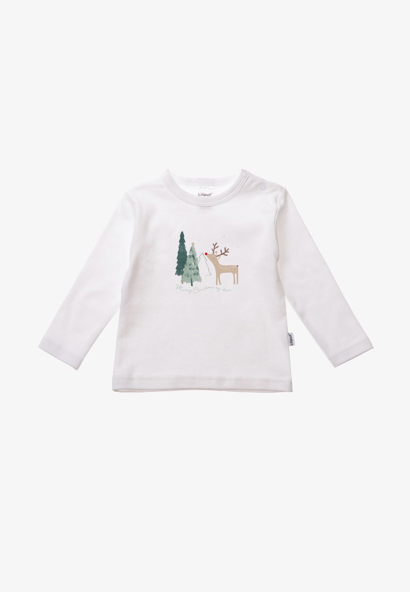 White long-sleeve shirt made of cotton, featuring a reindeer and trees graphic. Lightweight texture with snap closure at the shoulder.