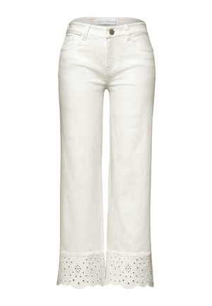 Witte cropped broek met oogjeskant aan de zomen, vooraan knoop- en ritssluiting, en ontwerp met vijf zakken.