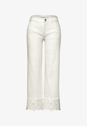 Bílé zkrácené kalhoty s krajkou s očky na lemech, přední zapínání na knoflík a zip a design s pěti kapsami.