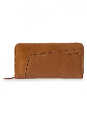 Brown leather wallet with a textured finish, featuring a zip closure and a diagonal accent detail. Stamped logo in the lower right corner.