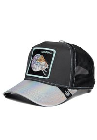 Cappellino da camionista nero con visiera olografica, caratterizzato da un design di nautilus ricamato su una toppa quadrata, e parte posteriore in rete per la ventilazione.
