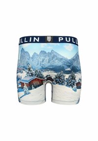 Caleçons arborant un motif de paysage hivernal avec des montagnes, des arbres enneigés et des chalets. La ceinture élastique est bleu marine avec le logo "PULL IN".