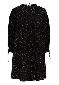 Černé šaty s dlouhými rukávy, kulatým výstřihem, fialovými vzory srdcí a nařaseným pasem. Zahrnují i šňůrkové detaily na koncích rukávů.