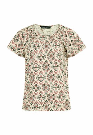 Korte mouwen, crèmekleurige blouse met roze en groene geometrische bloemenpatroon en ronde halslijn, maatlabel zichtbaar aan de binnenkant van de kraag.