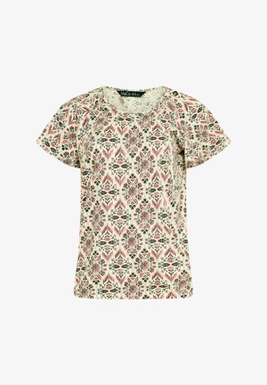 Korte mouwen, crèmekleurige blouse met roze en groene geometrische bloemenpatroon en ronde halslijn, maatlabel zichtbaar aan de binnenkant van de kraag.