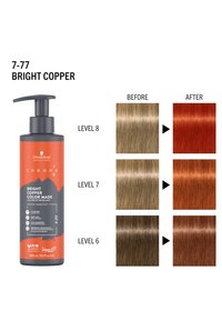Schwarzkopf Bright Copper Color Maske in einer 300-ml-Pumpflasche. Vorher-nachher-Haarfarbenproben in drei Stufen, die zu leuchtendem Kupfer übergehen.