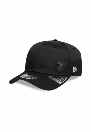 Black baseball cap with curved brim, AS Roma logo on front, and New Era logo on side, featuring stretch snapback adjustment.