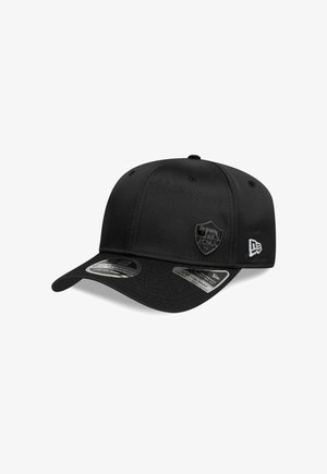 Black baseball cap with curved brim, AS Roma logo on front, and New Era logo on side, featuring stretch snapback adjustment.