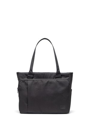 Borsa tote nera con due manici lunghi, compartimento principale con cerniera, tasca anteriore e una finitura in tessuto dalla texture evidente.