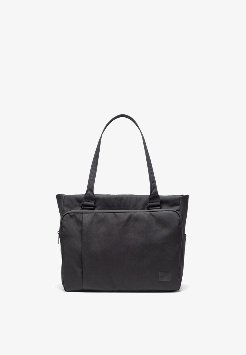 Sac fourre-tout noir avec deux longues anses, compartiment principal zippé, poche avant et finition en tissu texturé.