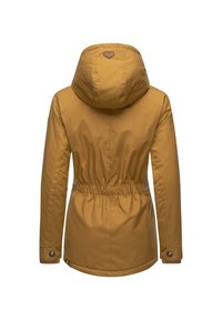 Geel waterdicht jack met capuchon, elastische taille en knoopmanchetten. Glad textuur met een strakke, gestroomlijnde uitstraling.