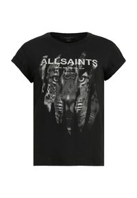 Camiseta negra de manga corta que presenta un gráfico de la cara de un tigre con detalles desgastados y el texto "ALLSAINTS" arriba en blanco.