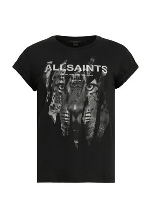 Black short-sleeve t-shirt featuring a graphic of a tiger's face with distressed details and "ALLSAINTS" text above in white.