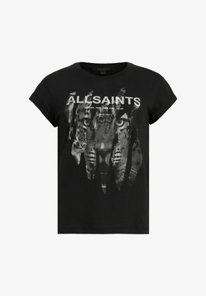 T-shirt nera a maniche corte con una grafica di un volto di tigre con dettagli invecchiati e il testo "ALLSAINTS" sopra in bianco.