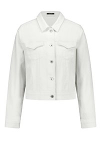 Weiße Jeansjacke mit Kragen, Knopfverschluss, zwei Brusttaschen und langen Ärmeln in verkürzter Passform. Glatte Textur.