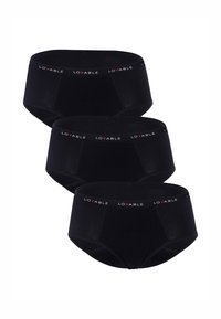 Slips hipster neri in cotone, confezione da tre, con una morbida fascia elastica con il logo "LOVABLE" in bianco e rosso, texture liscia e design classico.