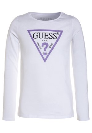 Weißes Langarmhemd mit einem lila dreieckigen Logo, das "GUESS U.S.A." und ein großes Fragezeichen in der Mitte zeigt.