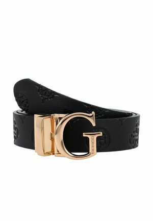 Zwarte leren riem met reliëfpatronen en een goudkleurige gesp in de vorm van de letter "G" met de gravure "GUESS".