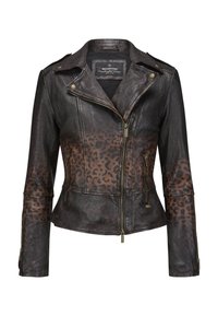 Schwarze Lederjacke mit braunem Leopardenmuster, Reißverschluss vorne, Druckknöpfe am Kragen und mit Reißverschluss versehenen Taschen. Strukturierte Oberfläche, taillierte Passform.