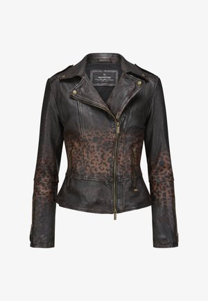 Schwarze Lederjacke mit braunem Leopardenmuster, Reißverschluss vorne, Druckknöpfe am Kragen und mit Reißverschluss versehenen Taschen. Strukturierte Oberfläche, taillierte Passform.