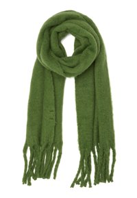 Bufanda de lana verde con un acabado suave y texturizado. Presenta bordes con flecos y está enrollada en forma circular.