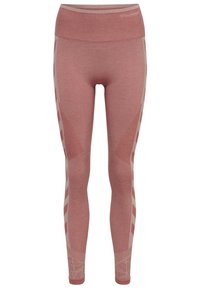 Roze sportlegging met een brede tailleband. Bevat geometrische patronen in een lichtere tint en een subtiele textuur door de stof.