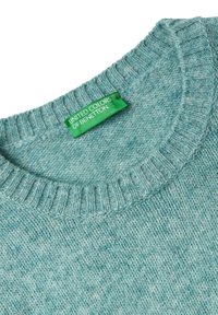 Maglione azzurro chiaro a maglia con collo a girocoscia a coste. Presenta un'etichetta verde con la scritta "United Colors of Benetton". Tessuto testurizzato.