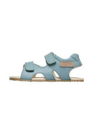 Light blue children's sandal with two adjustable Velcro straps and a beige sole, shown from the side on a white background.