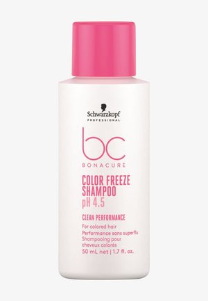 Shampoo Bonacure Color Freeze di Schwarzkopf professional in una bottiglia bianca con un tappo rosa, 50 mL, con testo e logo di un rosa audace.