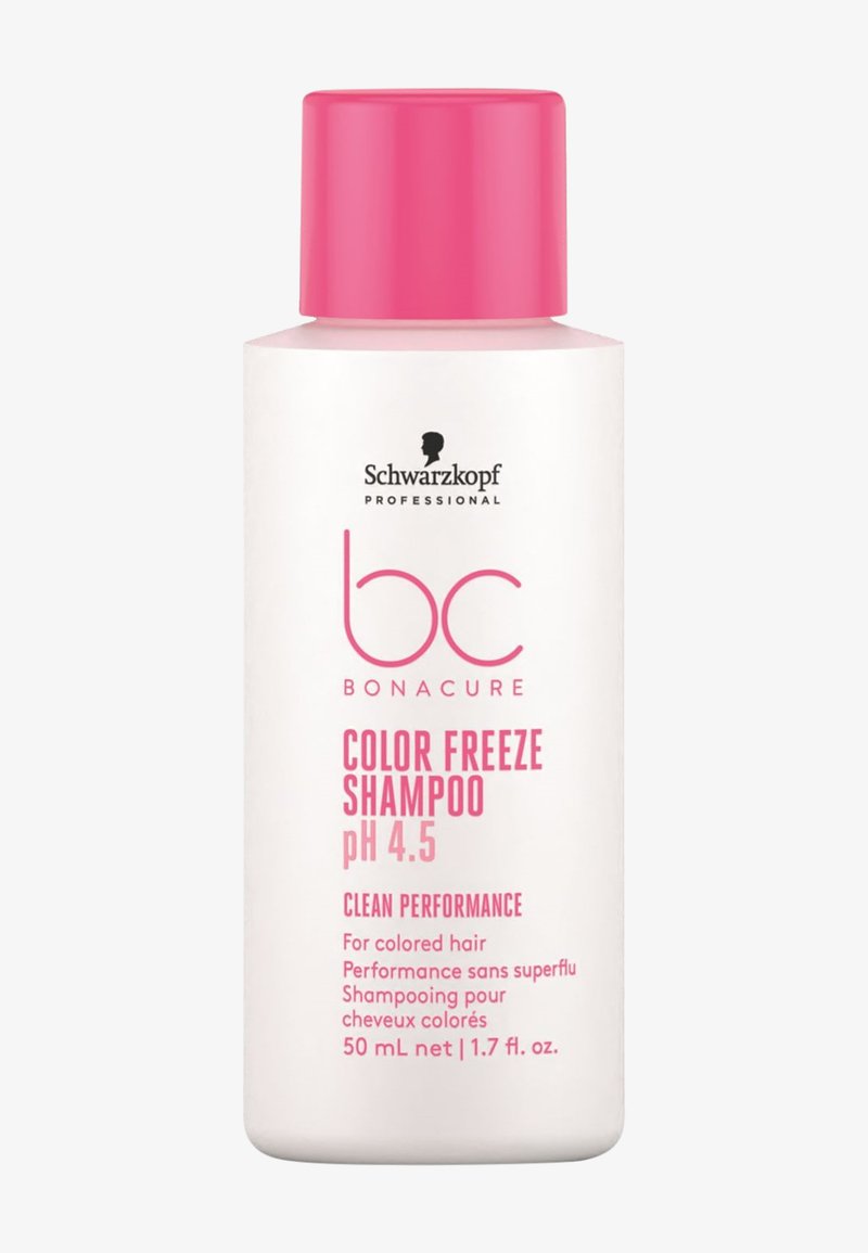 Schwarzkopf Professional Bonacure Color Freeze Shampoo in een witte fles met een roze dop, 50 mL, met vetgedrukte roze tekst en logo.