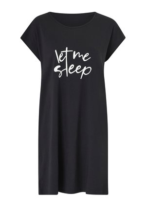 Czarna koszula nocna z krótkim rękawem z białym, odręcznym napisem "let me sleep" na przodzie.