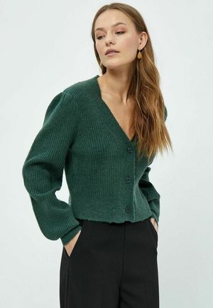 Vihreä ryppyinen neulecardigan, jossa on V-pääntie, neljä nappia edessä ja pitkät hihat. Rakenteellinen materiaali ja lyhennetty muoto.