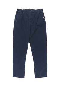 Navy blue cotton pants with a relaxed fit, elastic waistband, front pockets, and a single back pocket, featuring a metal button closure.