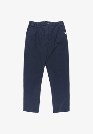 Navyblauwe katoenbroek met een relaxte pasvorm, elastische tailleband, voorzakken en een enkele achterzak, met een metalen knoopsluiting.